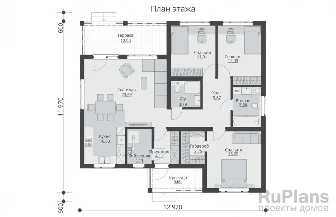 Проект одноэтажного дома 104 м², 11 × 12 м — Первый этаж