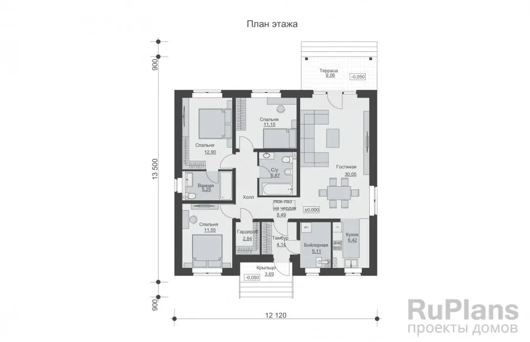 Проект одноэтажного дома 104 м², 13,5 × 12,1 м — Первый этаж