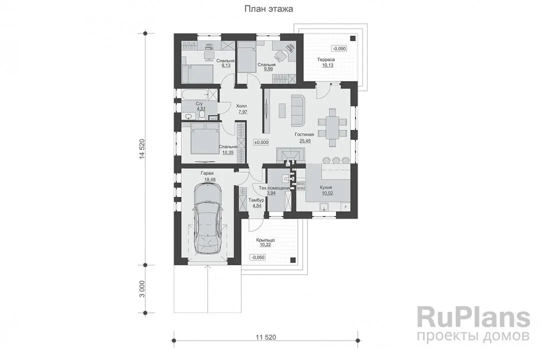 Проект одноэтажного дома 104 м², 14,5 × 11,5 м — Первый этаж