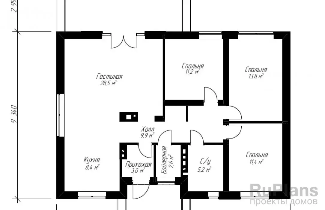 Проект одноэтажного дома 105 м², 9,3 × 13 м — Первый этаж