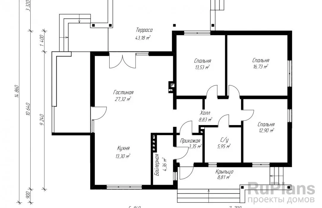 Проект одноэтажного дома 106 м², 15 × 16 м — Первый этаж