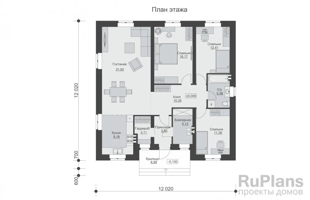 Проект одноэтажного дома 109 м², 12 × 12 м — Первый этаж
