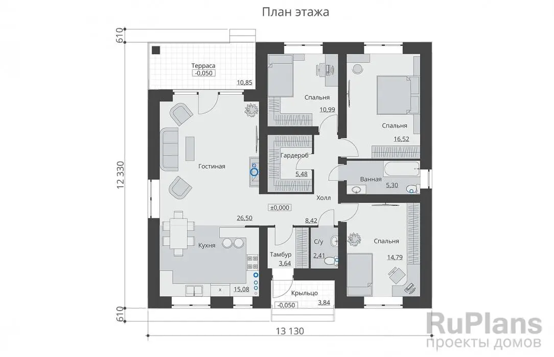 Проект одноэтажного дома 109 м², 12,3 × 13,1 м — Первый этаж