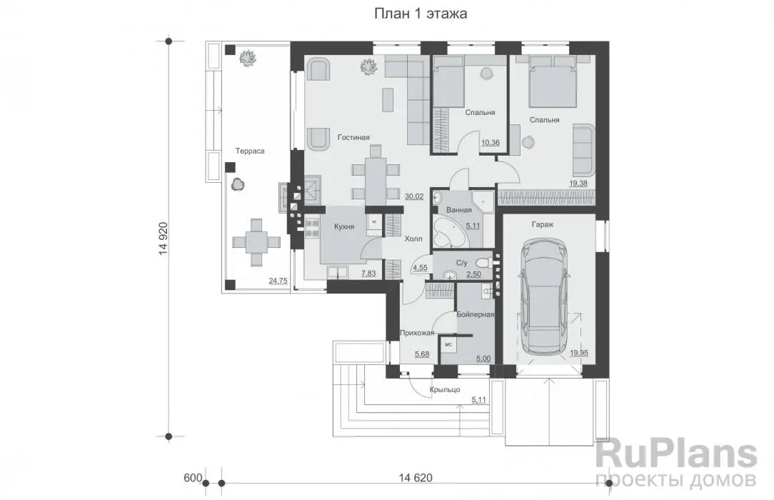 Проект одноэтажного дома 110 м², 14,6 × 12,7 м — Первый этаж