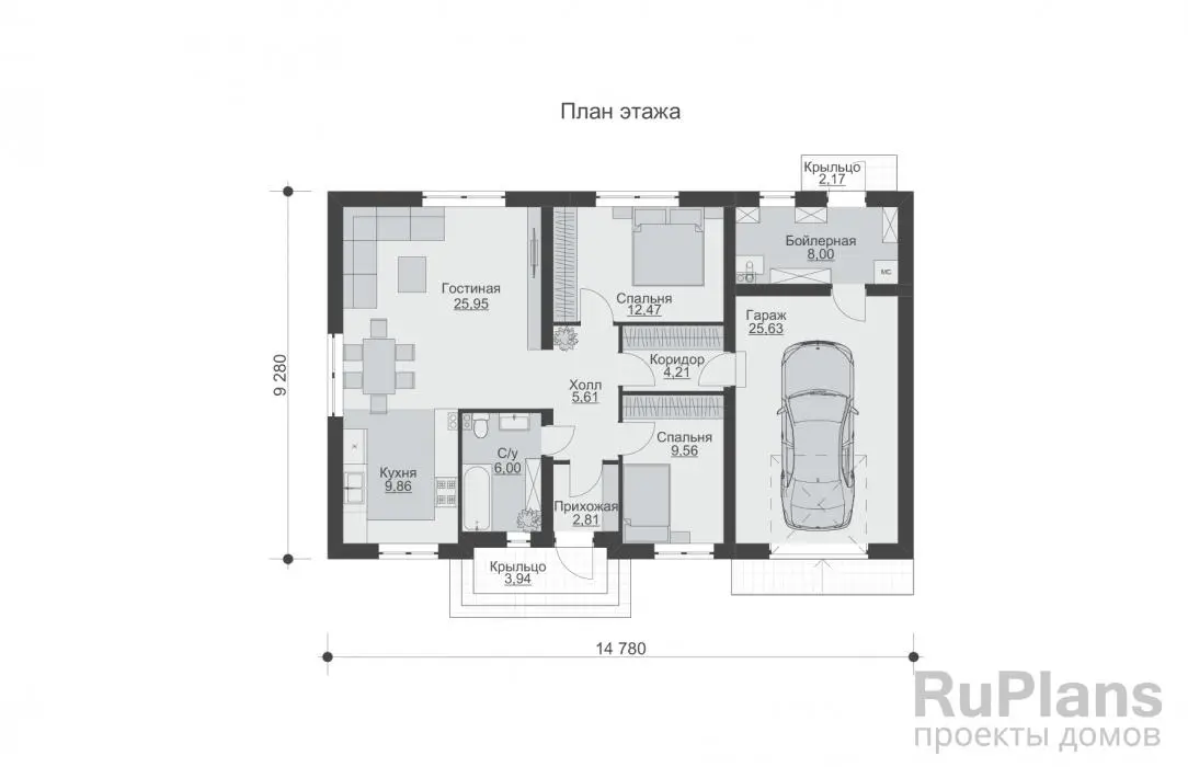 Проект одноэтажного дома 110 м², 14,8 × 9,3 м — Первый этаж