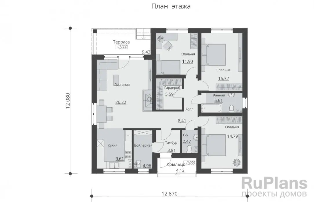 Проект одноэтажного дома 110 м², 12,1 × 12,9 м — Первый этаж