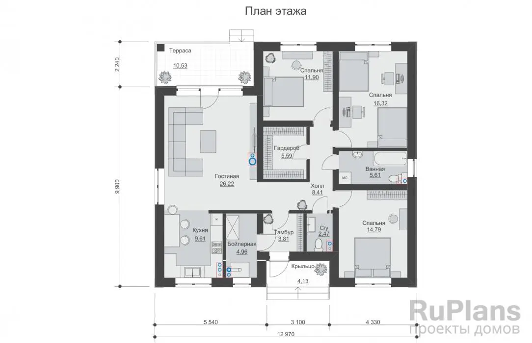 Проект одноэтажного дома 110 м², 11,2 × 12,1 м — Первый этаж