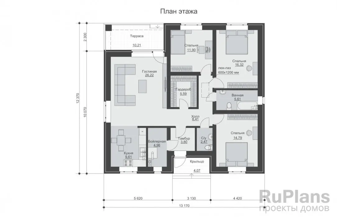 Проект одноэтажного дома 110 м², 13,2 × 12,4 м — Первый этаж
