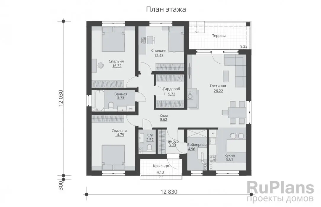 Проект одноэтажного дома 111 м², 12 × 12,8 м — Первый этаж