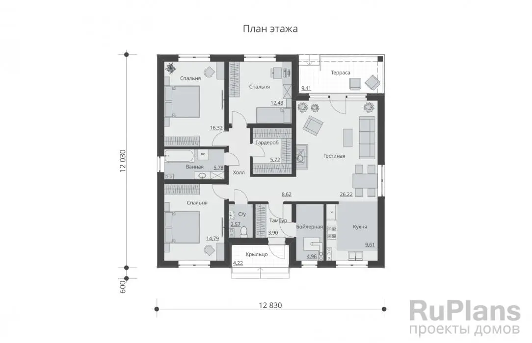 Проект одноэтажного дома 111 м², 12 × 12,8 м — Первый этаж