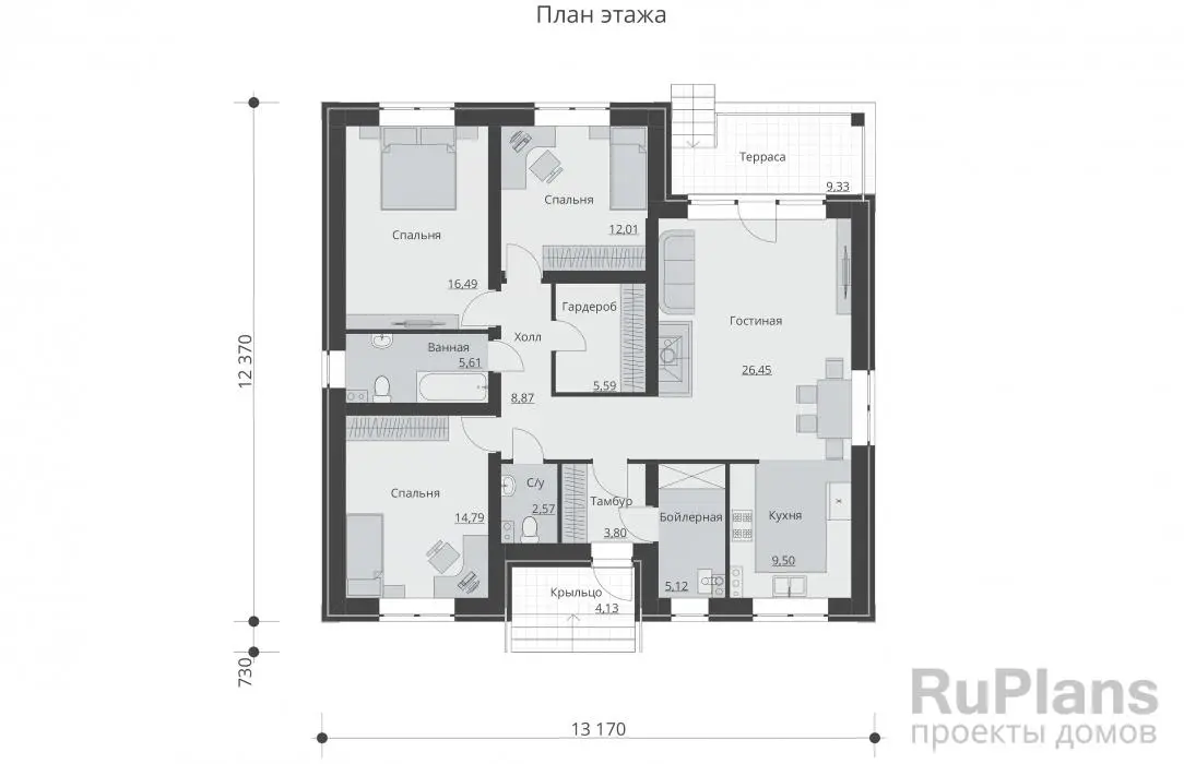 Проект одноэтажного дома 111 м², 12,4 × 13,2 м — Первый этаж