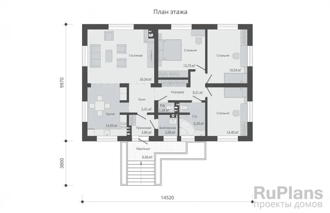 Проект одноэтажного дома 116 м², 14,5 × 9 м — Первый этаж