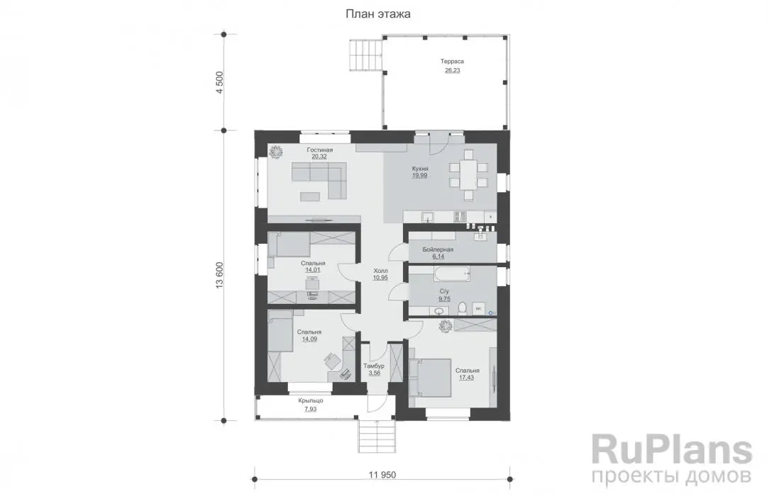 Проект одноэтажного дома 116 м², 18,1 × 11,9 м — Первый этаж