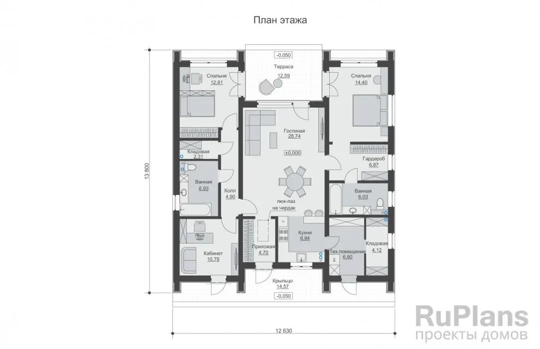 Проект одноэтажного дома 116 м², 12,6 × 13,8 м — Первый этаж