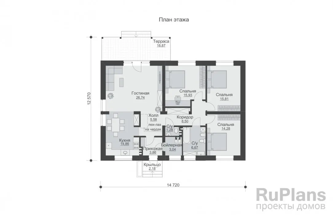 Проект одноэтажного дома 117 м², 14,7 × 12,6 м — Первый этаж