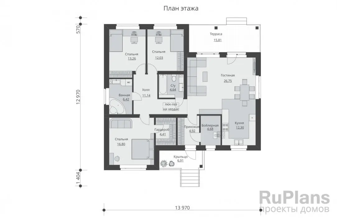 Проект одноэтажного дома 117 м², 13 × 12 м — Первый этаж