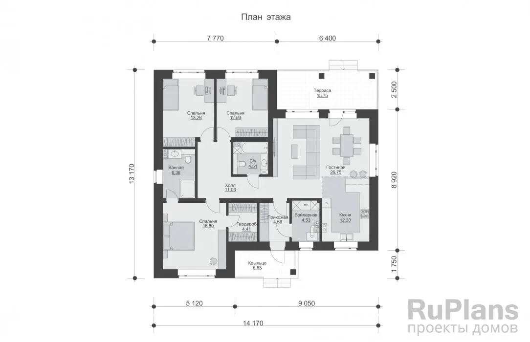 Проект одноэтажного дома 117 м², 14,2 × 13,2 м — Первый этаж