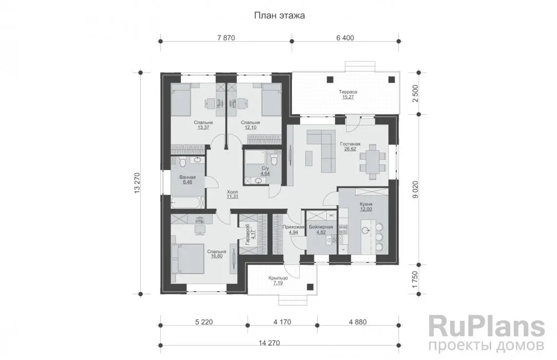 Проект одноэтажного дома 117 м², 13,3 × 14,3 м — Первый этаж