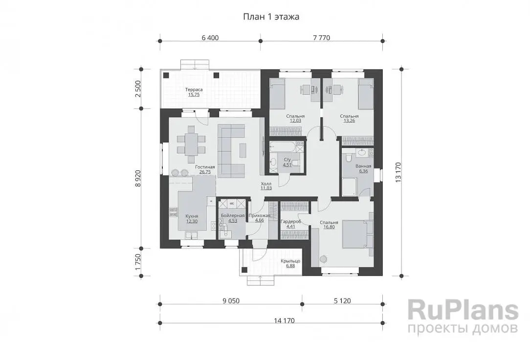 Проект одноэтажного дома 117 м², 13,2 × 14,2 м — Первый этаж
