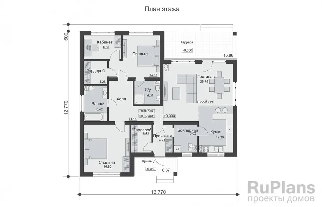 Проект одноэтажного дома 117 м², 13,4 × 13,8 м — Первый этаж