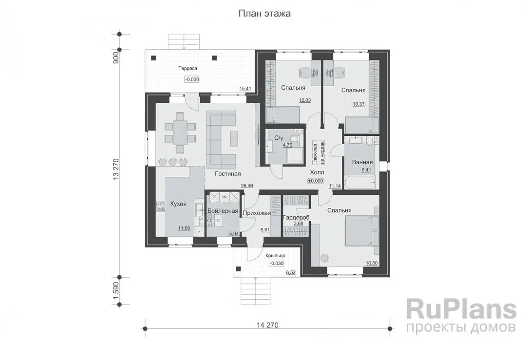 Проект одноэтажного дома 117 м², 13,3 × 14,3 м — Первый этаж