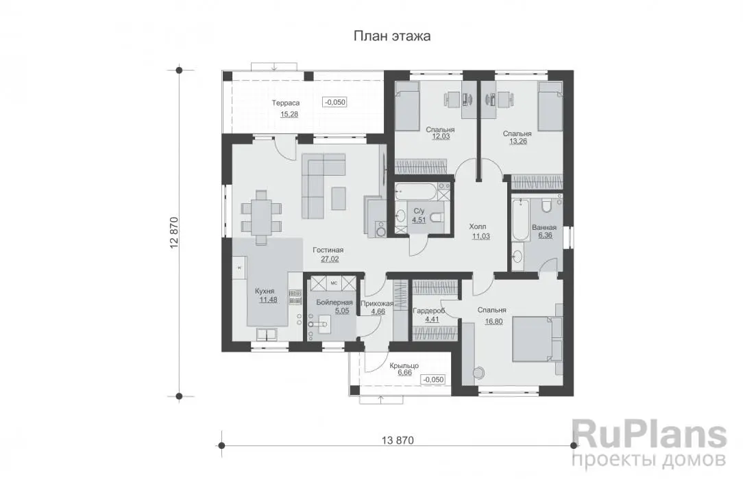Проект одноэтажного дома 117 м², 12,9 × 13,9 м — Первый этаж