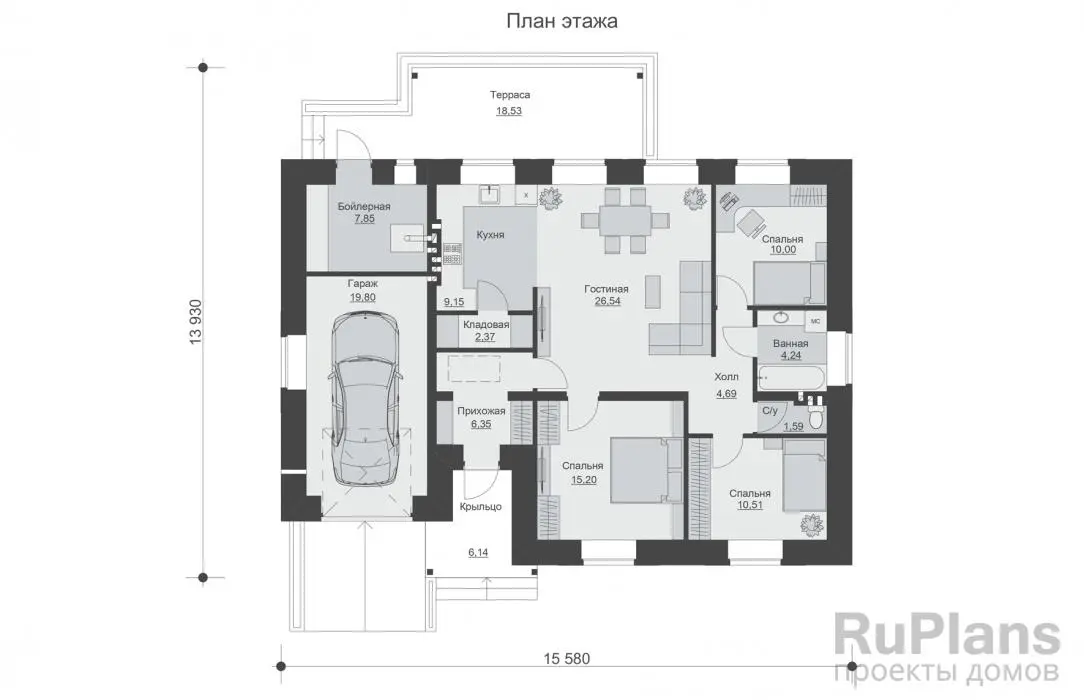 Проект одноэтажного дома 118 м², 13,9 × 15,6 м — Первый этаж