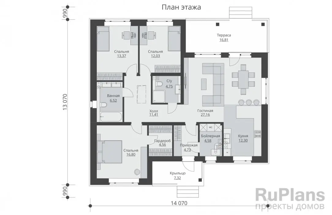 Проект одноэтажного дома 118 м², 13,1 × 14,1 м — Первый этаж