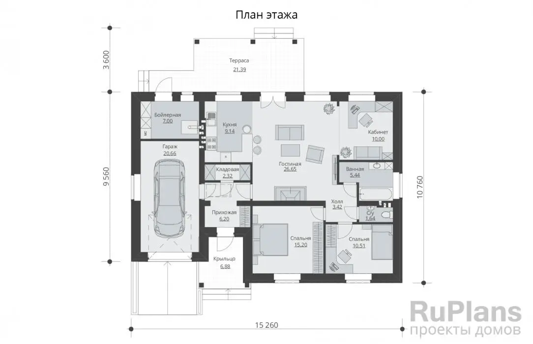 Проект одноэтажного дома 118 м², 13,1 × 14,2 м — Первый этаж