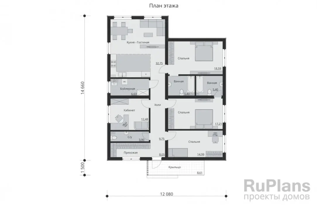 Проект одноэтажного дома 118 м², 14,7 × 12,1 м — Первый этаж