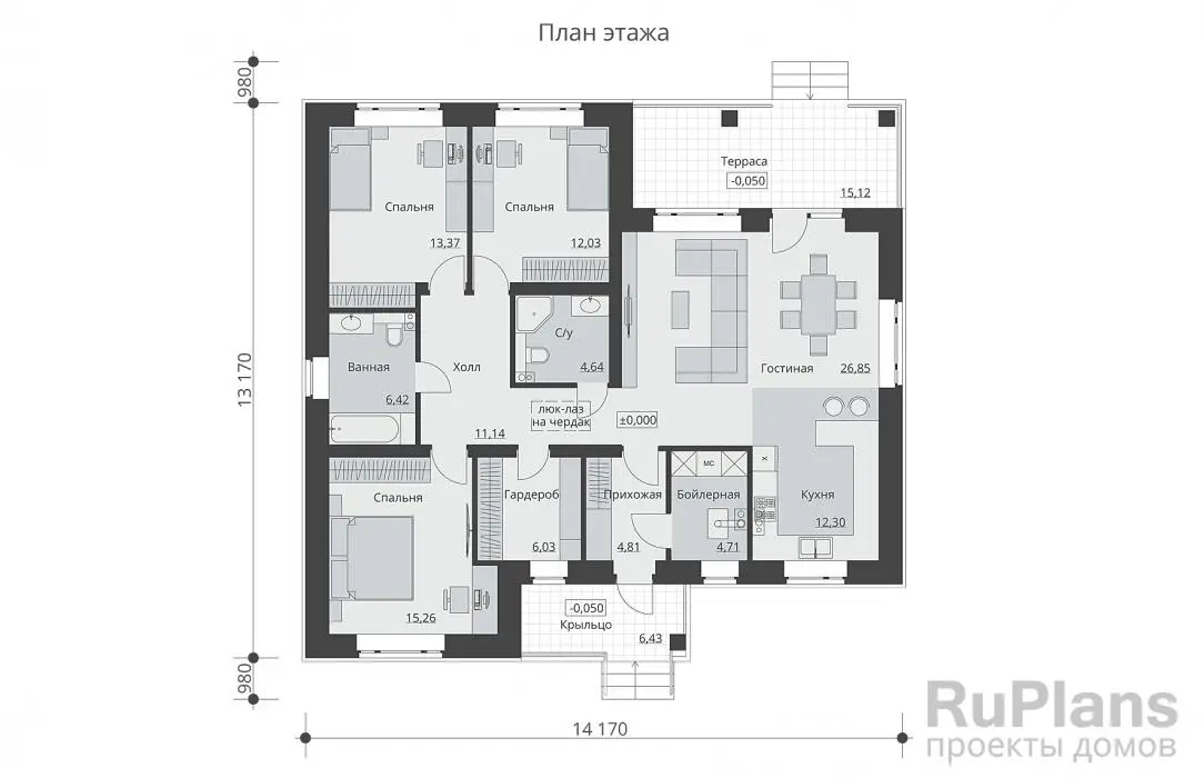Проект одноэтажного дома 118 м², 13,2 × 14,2 м — Первый этаж
