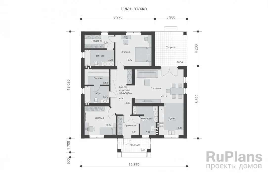 Проект одноэтажного дома 119 м², 14,7 × 12,9 м — Первый этаж