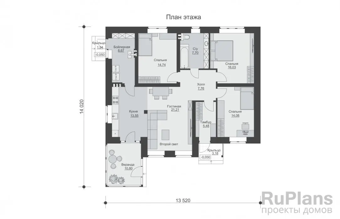 Проект одноэтажного дома 120 м², 14 × 13,5 м — Первый этаж
