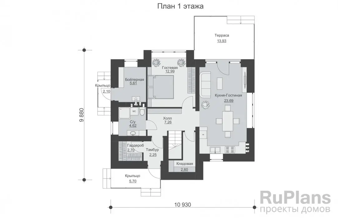 Проект одноэтажного дома 121 м², 9,9 × 10,9 м — Первый этаж