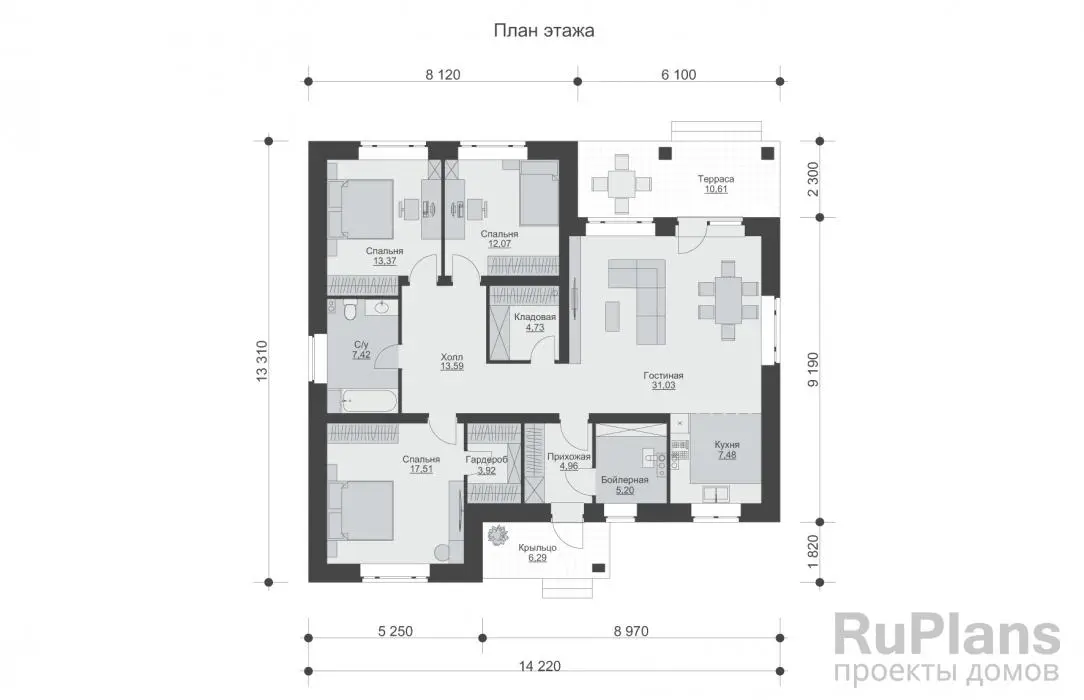 Проект одноэтажного дома 121 м², 13,3 × 14,2 м — Первый этаж