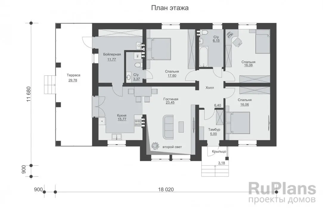 Проект одноэтажного дома 122 м², 11,7 × 18 м — Первый этаж