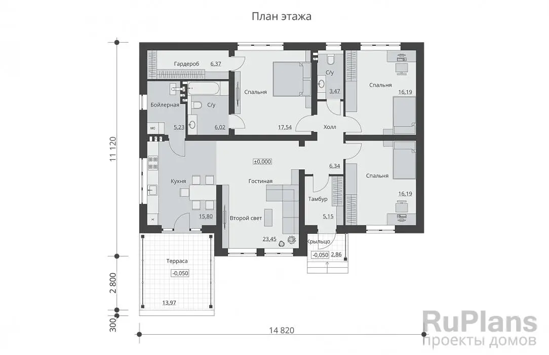 Проект одноэтажного дома 122 м², 13,9 × 14,8 м — Первый этаж