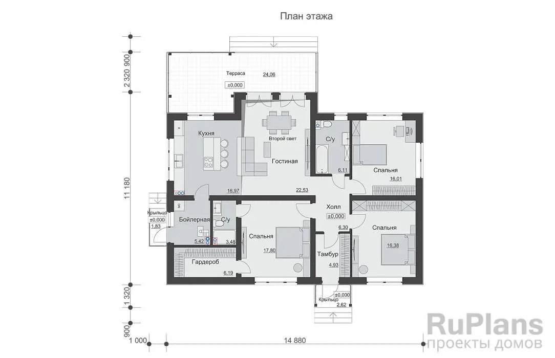 Проект одноэтажного дома 122 м², 14,9 × 15,9 м — Первый этаж