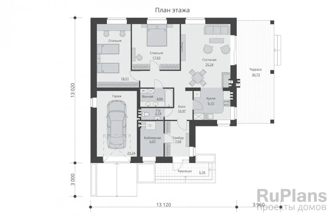 Проект одноэтажного дома 123 м², 13 × 13,1 м — Первый этаж