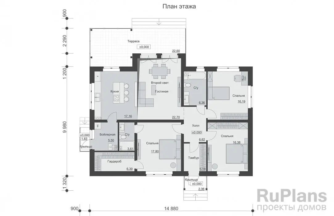 Проект одноэтажного дома 124 м², 11,2 × 14,9 м — Первый этаж