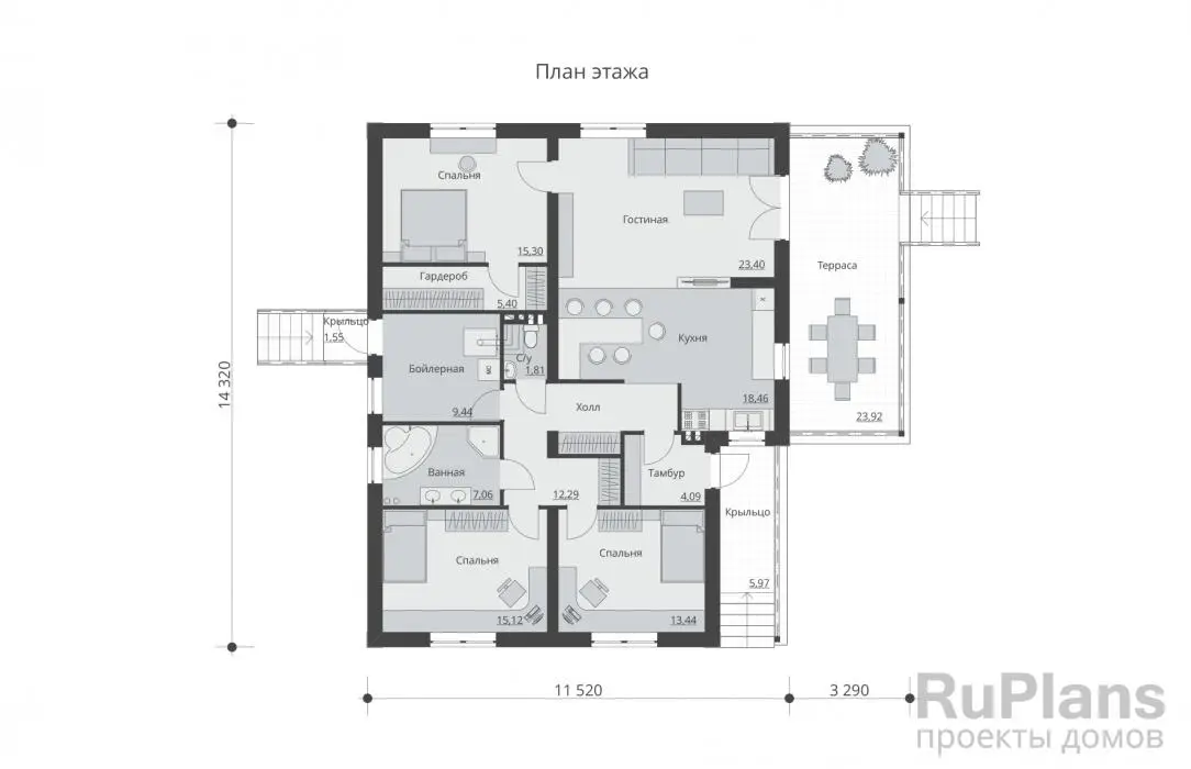 Проект одноэтажного дома 126 м², 14,8 × 14,3 м — Первый этаж