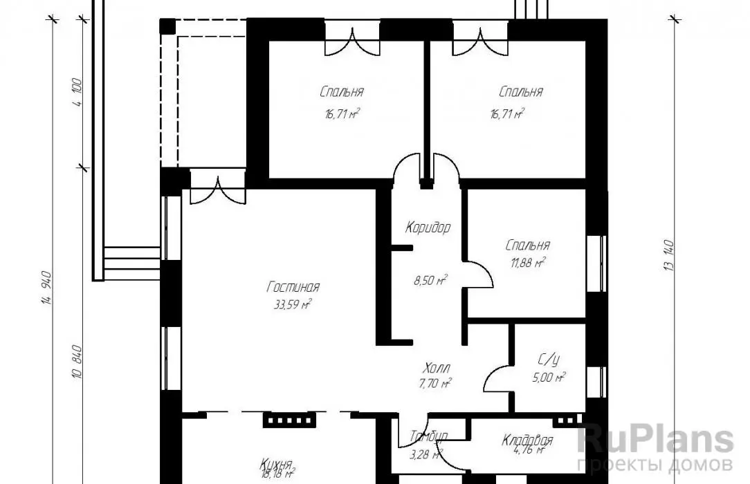 Проект одноэтажного дома 127 м², 12,3 × 14,9 м — Первый этаж