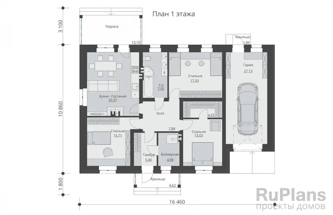 Проект одноэтажного дома 127 м², 10,9 × 16,5 м — Первый этаж