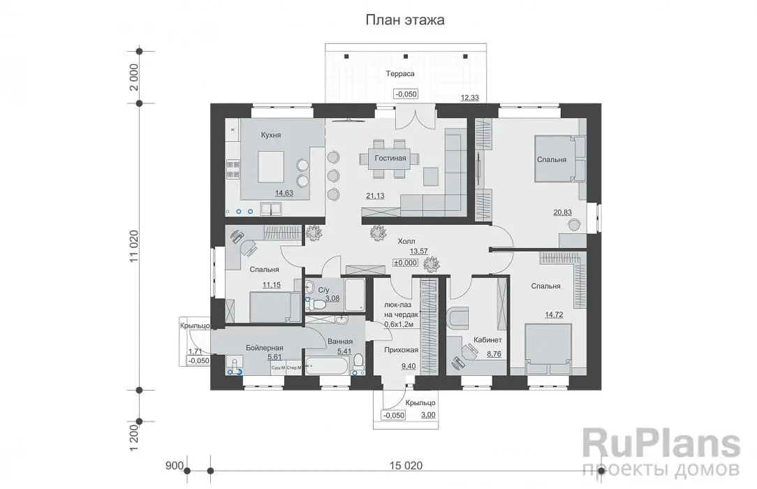 Проект одноэтажного дома 128 м², 14,2 × 15 м — Первый этаж