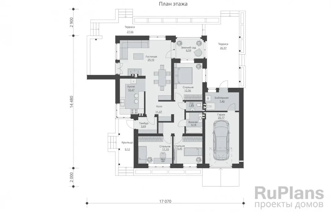Проект одноэтажного дома 129 м², 14,5 × 17,1 м — Первый этаж