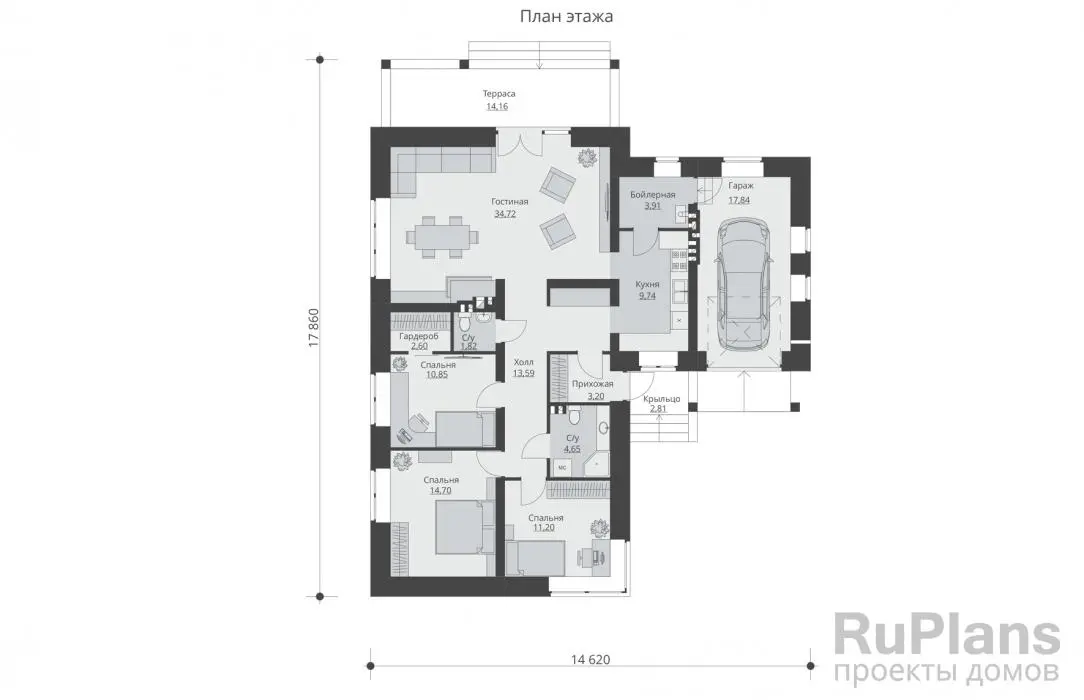 Проект одноэтажного дома 129 м², 17,9 × 14,6 м — Первый этаж