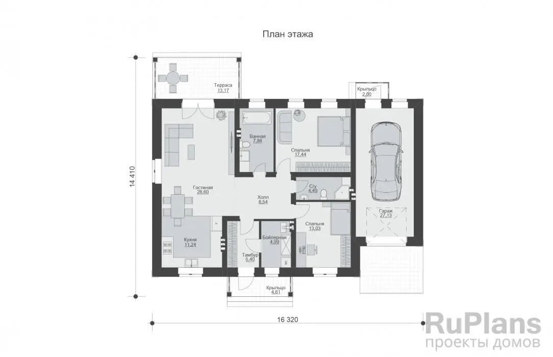 Проект одноэтажного дома 129 м², 16,3 × 14,4 м — Первый этаж