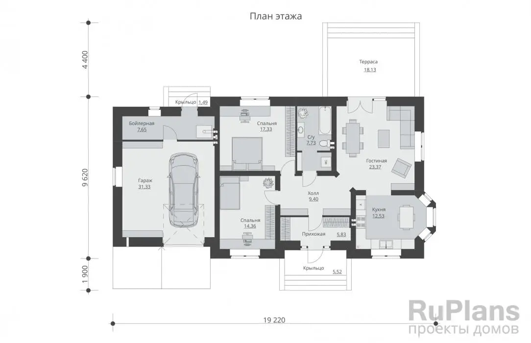 Проект одноэтажного дома 130 м², 9,6 × 19,2 м — Первый этаж