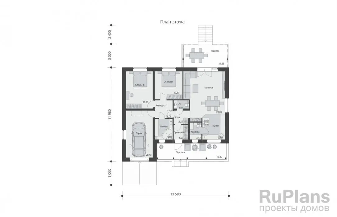 Проект одноэтажного дома 131 м², 13,6 × 14 м — Первый этаж