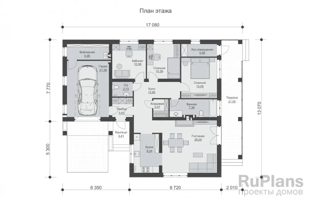 Проект одноэтажного дома 131 м², 13,1 × 17,1 м — Первый этаж